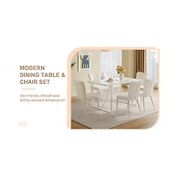 Cream-Style Dining Table Set with 6 Vertical-Back Chairs. White Mdf Tabletop, Metal Legs.