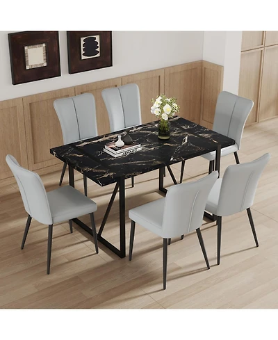 Streamdale Furniture Modern Marble Dining Set with 6 Grey Pu Chairs