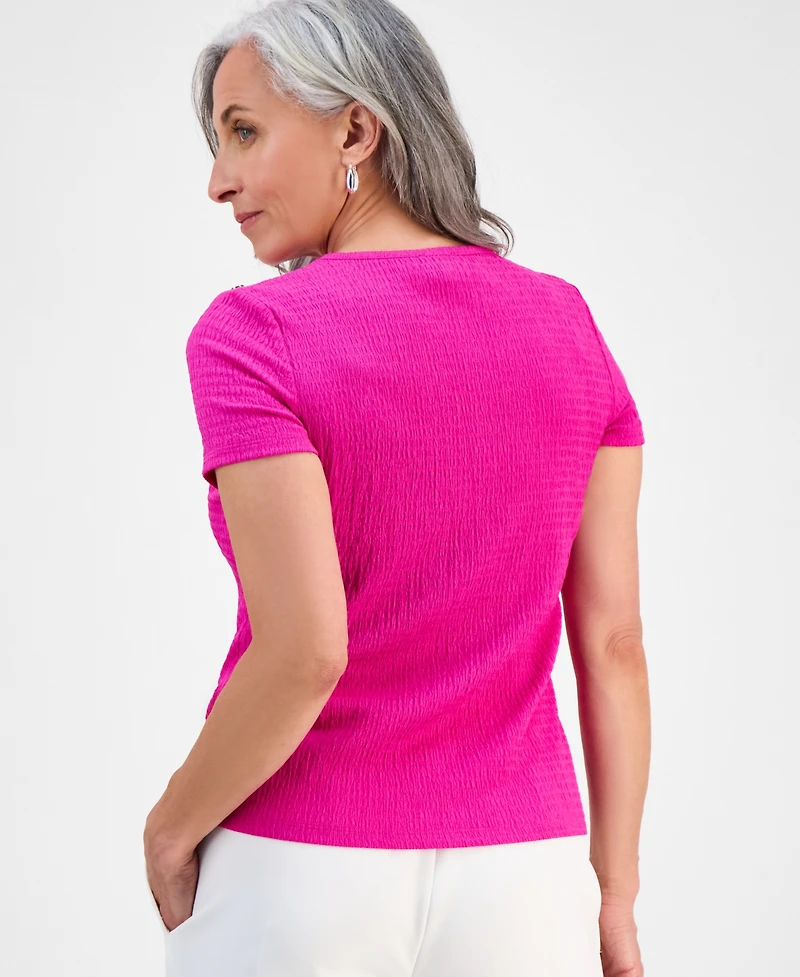 Jones New York Petite Crinkle Bubble-Knit Short-Sleeve Top