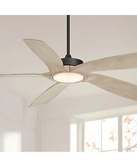 Casa Vieja 56" Mach 5 Indoor Outdoor Ceiling Fan 5 Blade Led Light Remote Control Matte Black Finish Distressed White Oak Blades Damp Rated