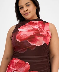 Madden Girl Trendy Plus Size Ruched Floral-Print Mesh Dress