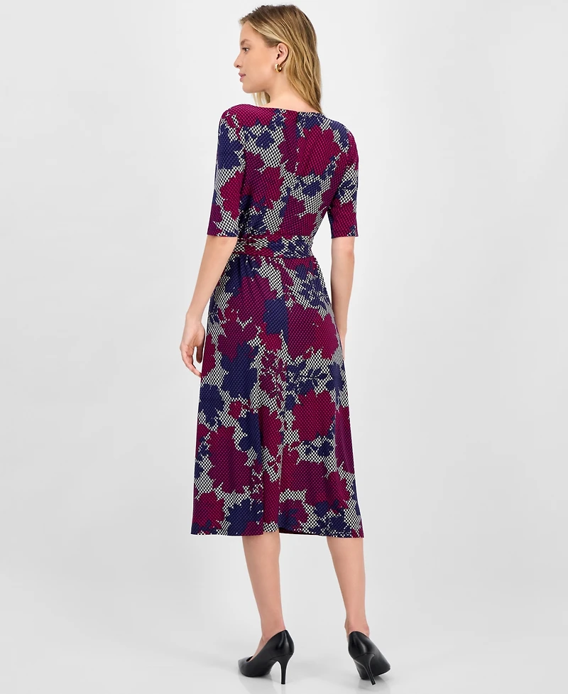 Kasper Women's Printed Tie-Waist Elbow-Sleeve Midi Dress