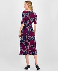 Kasper Women's Printed Tie-Waist Elbow-Sleeve Midi Dress