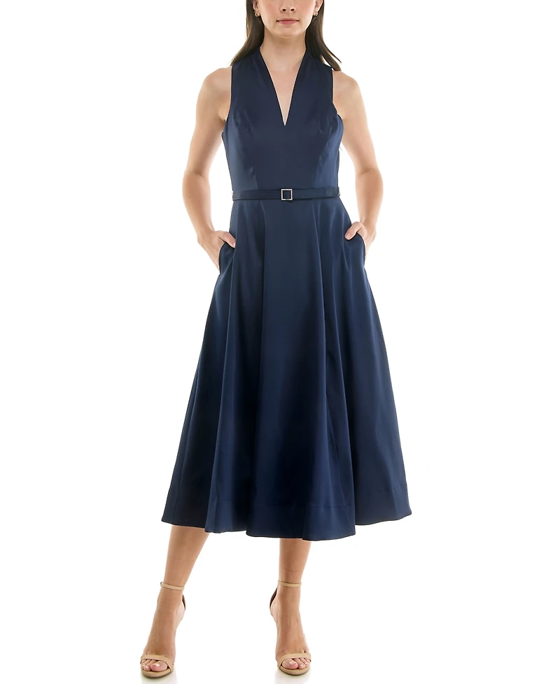 Taylor Women's Sleeveless Belted Mikado A-Line Dress