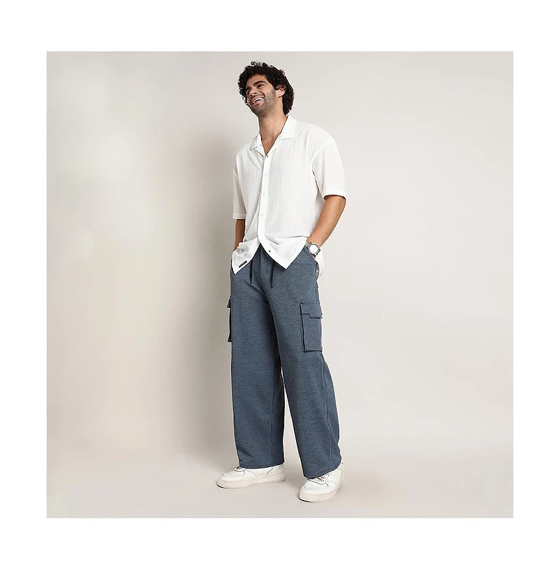 Campus Sutra Men's Prussian Blue Heathered-Relaxed Cargo Trousers