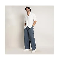 Campus Sutra Men's Prussian Blue Heathered-Relaxed Cargo Trousers
