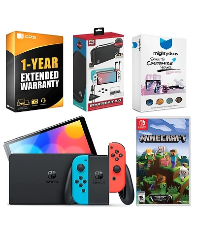 Nintendo Switch Neon Red & Blue Oled Console with Minecraft: Switch Edition, Surge Accessory Gaming Kit