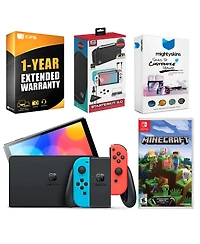 Nintendo Switch Neon Red & Blue Oled Console with Minecraft: Switch Edition, Surge Accessory Gaming Kit