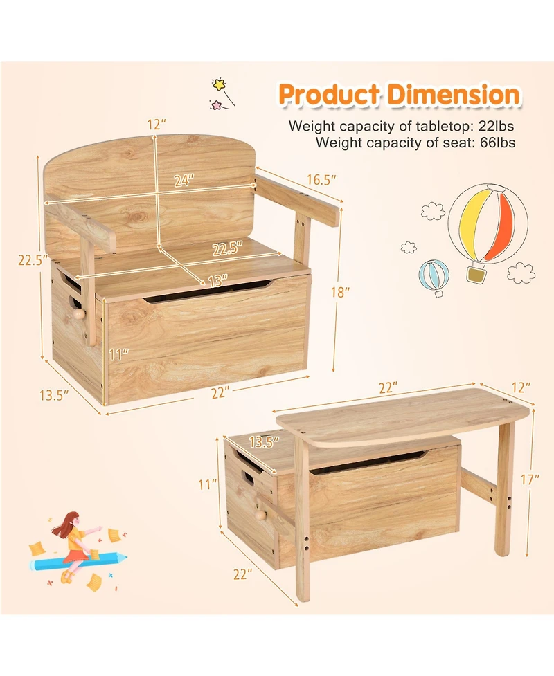 3-in-1 Kids Convertible Storage Bench Wood Activity Table and Chair Set