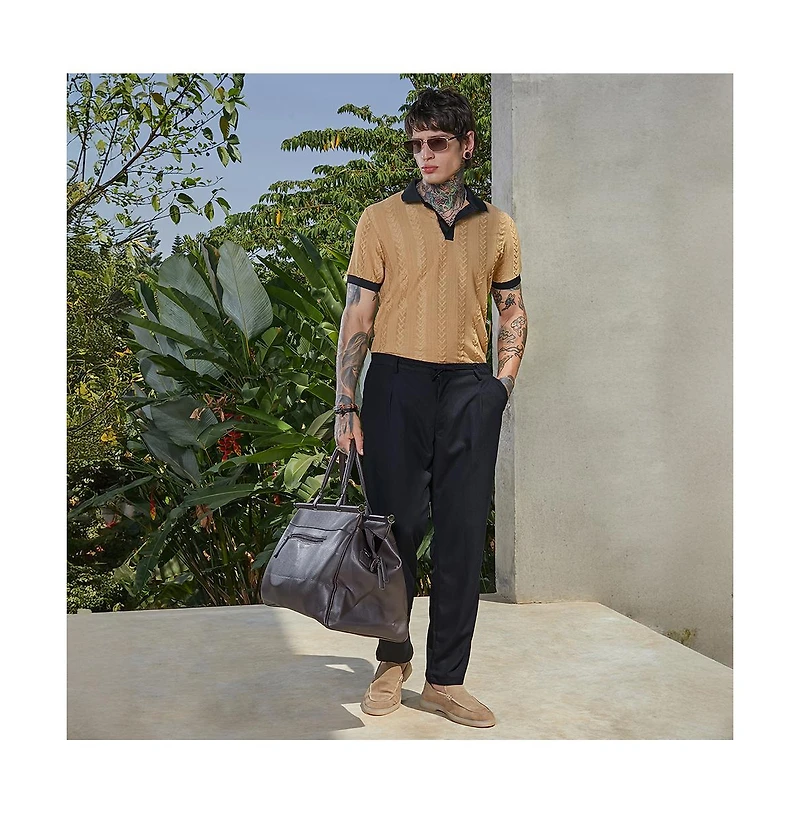 Campus Sutra Men's Buff Beige & Obsidian Black Arc-Tactile Polo T-Shirt