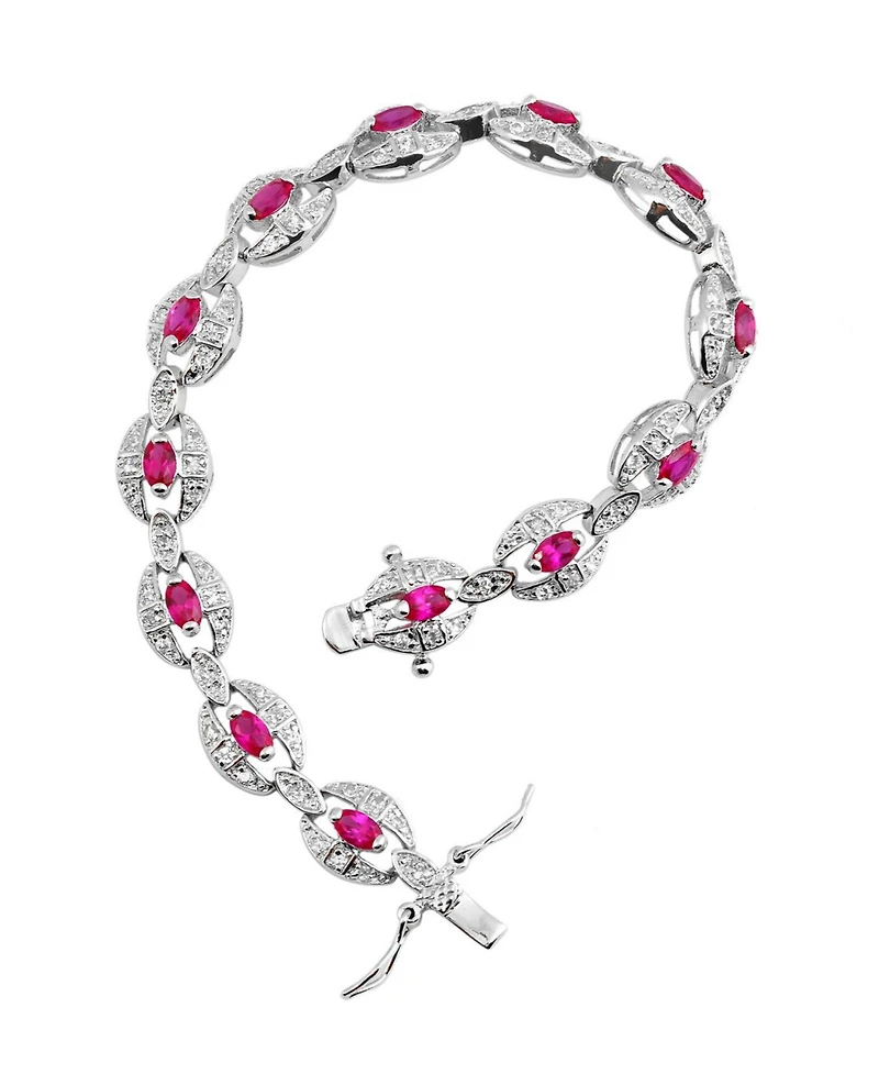 Sterling Silver White Gold Plating with Red Cubic Zirconia Link Fashion Bracelet