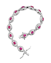 Sterling Silver White Gold Plating with Red Cubic Zirconia Link Fashion Bracelet