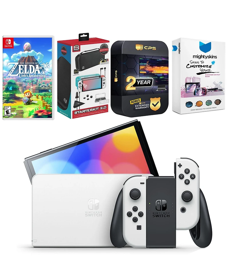 Nintendo Switch White Oled Console with The Legend of Zelda: Link's Awakening, Surge Accessory Gaming Kit, MightySkins Console and Controller Skin Vou