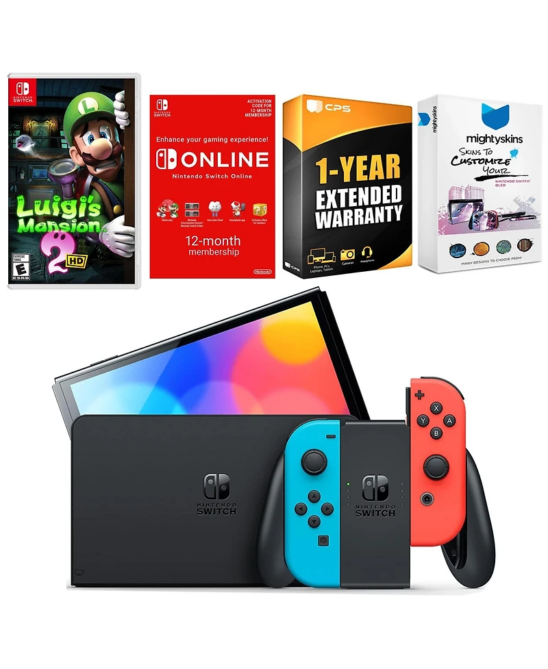 Nintendo Switch Neon Red & Blue Oled Console with Luigi s Mansion 2 Hd, Nso 12 Month Family Membership