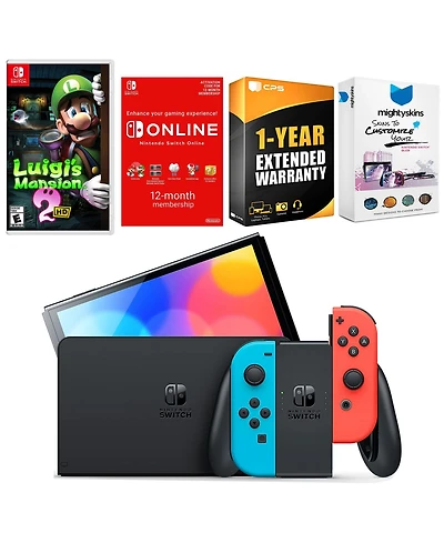 Nintendo Switch Neon Red & Blue Oled Console with Luigi s Mansion 2 Hd, Nso 12 Month Family Membership