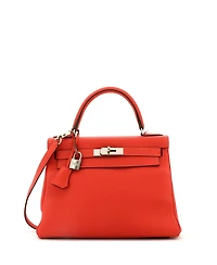 Pre-Owned Hermes Kelly 28 Handbag Red Clemence with Palladium Hardware