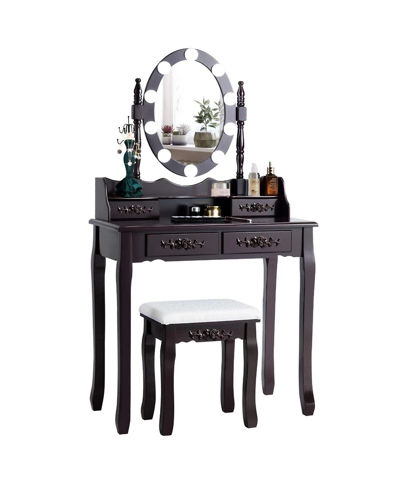 Makeup Dressing Table with Touch Switch Lighted Mirror and Cushioned Stool