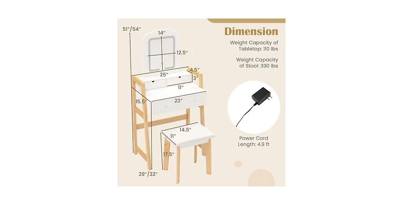 Adjustable Height Vanity Desk Set with 3-Color Led Lighted Mirror and Drawers
