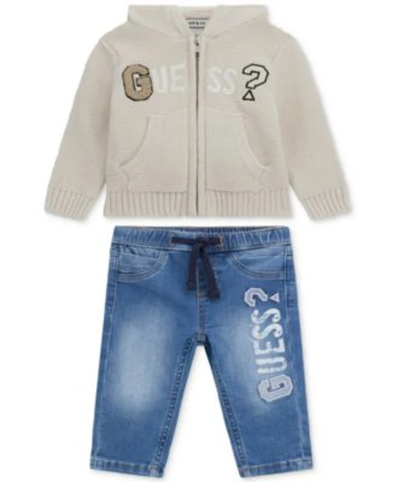 Guess Baby Boys Hooded Long Sleeve Zip Up Sweater Stretch Denim Pull On Jeans