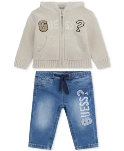 Guess Baby Boys Hooded Long Sleeve Zip Up Sweater Stretch Denim Pull On Jeans