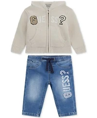 Guess Baby Boys Hooded Long Sleeve Zip Up Sweater Stretch Denim Pull On Jeans