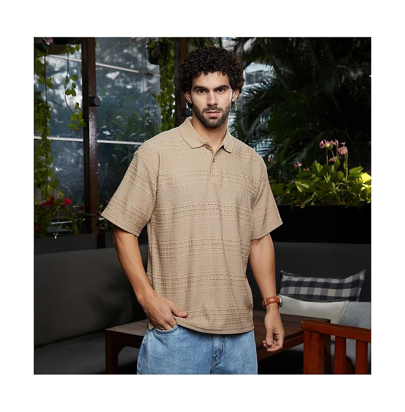 Campus Sutra Men's Buff Beige Bohomian Oversized Polo T-Shirt