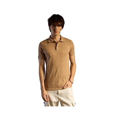Campus Sutra Men's Buff Beige Intertwine-Textured Polo T-Shirt