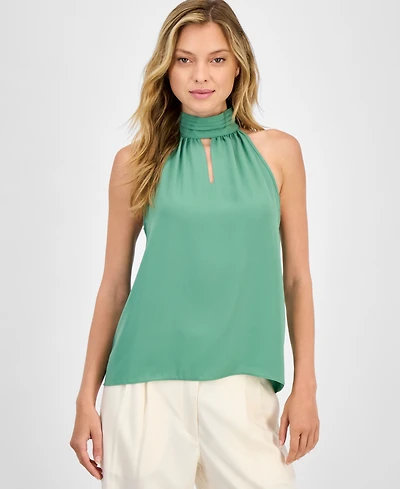 T Tahari Women's Solid Halter-Neck Keyhole Blouse