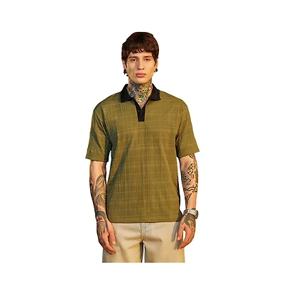 Campus Sutra Men's Olive Green & Onyx Black Contrast Grid Polo T-Shirt