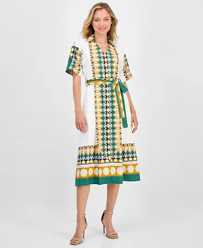 T Tahari Women's Printed Elbow-Sleeve Tie-Waist Split-Neck Midi Dress