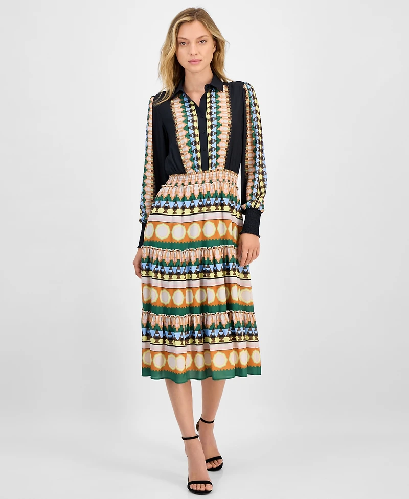 T Tahari Women's Printed Half-Placket Smocked-Waist Midi Dress