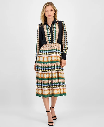 T Tahari Women's Printed Half-Placket Smocked-Waist Midi Dress