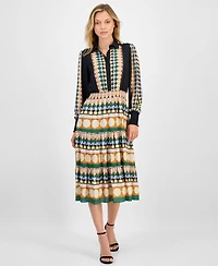 T Tahari Women's Printed Half-Placket Smocked-Waist Midi Dress