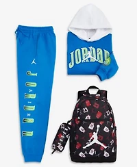 Jordan Big Boys Gametime Fleece Pullover Hoodie Chenille Patch Pants Air School Backpack Pencil Case Set