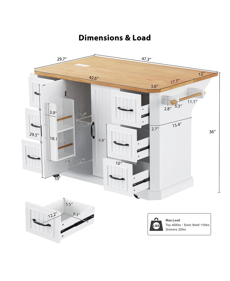 Rolling Kitchen Island Cart - Drop Leaf, Power, Storage