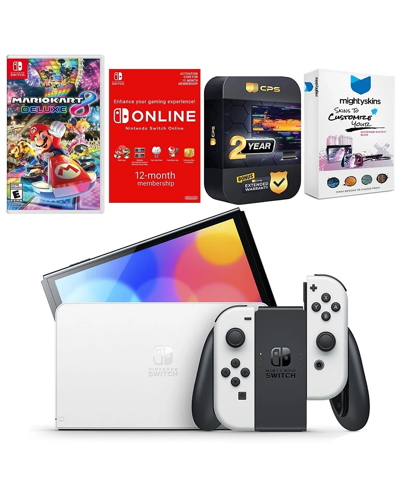 Nintendo Switch White Oled Console with Mario Kart 8 Deluxe, Nso 12 Month Family Membership, MightySkins Console and Controller Skin Voucher, and 2 Ye