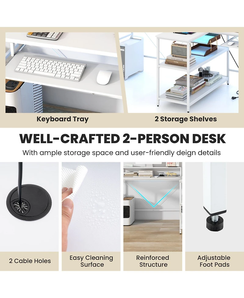 2-Person Reversible Computer Desk Long Office Desk with Led Lights