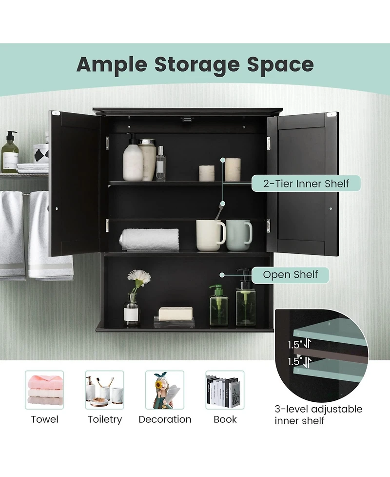2-Door Wall Mount Bathroom Storage Cabinet with Open Shelf
