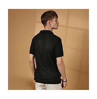 Campus Sutra Men's Raven Black Textured-Knit Polo T-Shirt