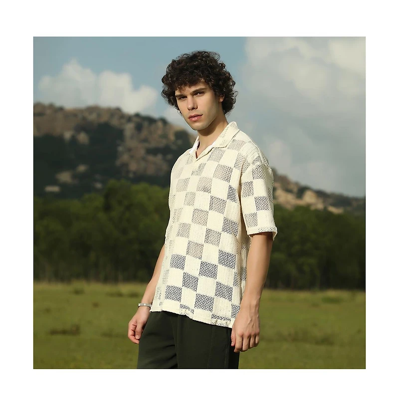 Campus Sutra Men's Saltbox Beige Grid Oversized Polo T-Shirt