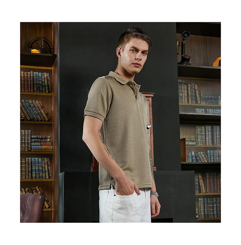 Campus Sutra Men's Camel Beige Solid Ribbed Polo T-Shirt