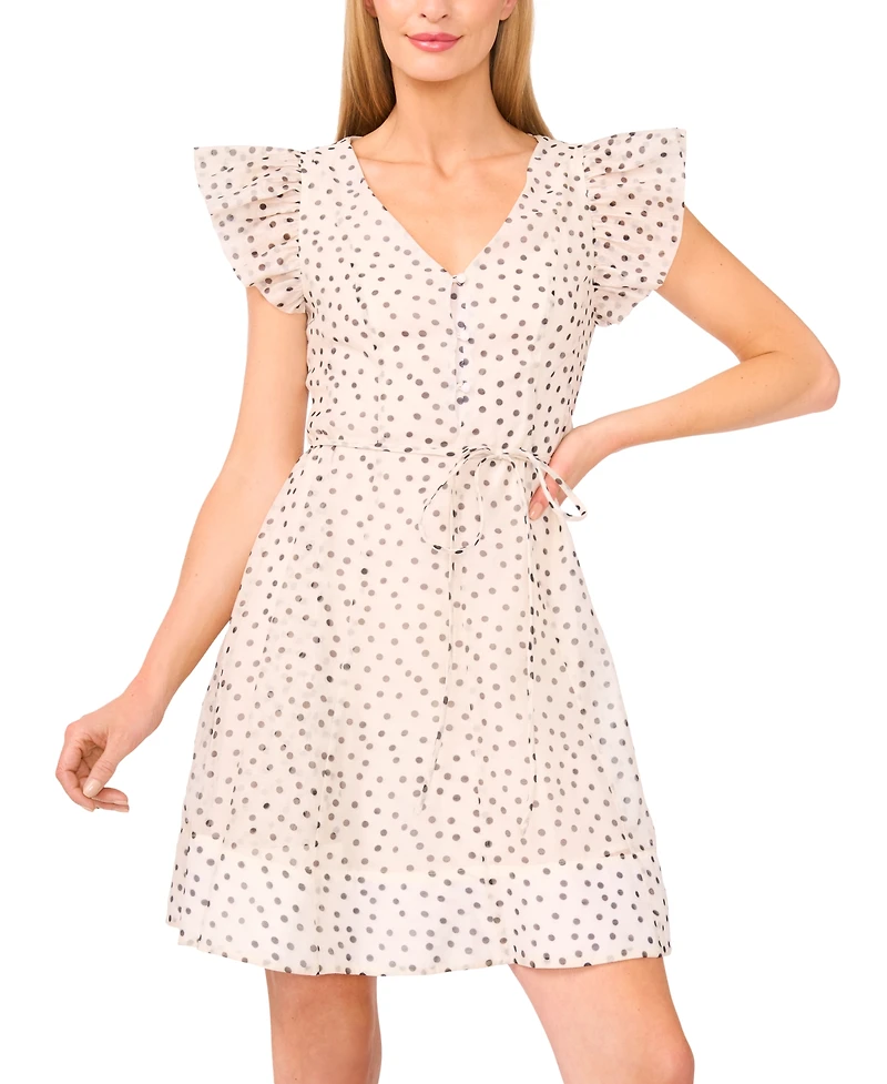 CeCe Women's Polka Dot Tie Waist Flutter-Sleeve Mini Dress