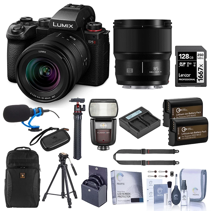 Panasonic Lumix S5II Mirrorless Camera, Black, with Lumix S 20-60mm f/3.5-5.6 and 85mm f/1.8 Lens, Bundle with Flash, 128GB Memory Card, Backpack, 2x