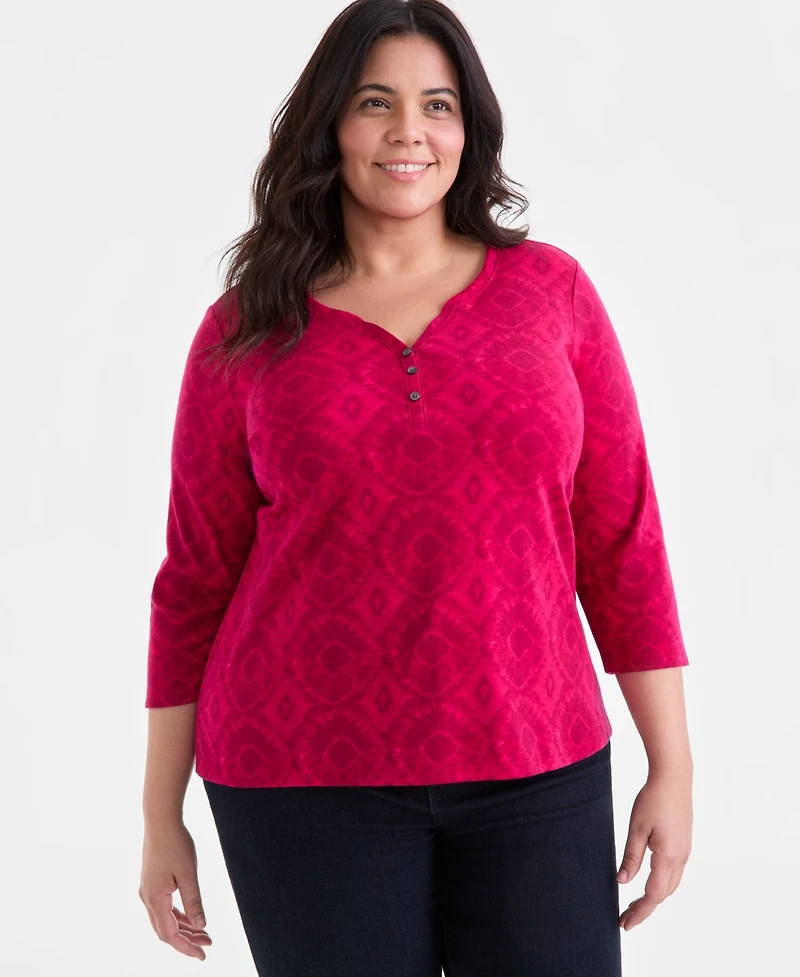 Style & Co Plus Size Printed 3/4-Sleeve Henley Top, Exclusively at Macy's
