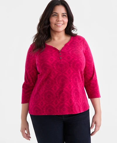 Style & Co Plus Size Printed 3/4-Sleeve Henley Top, Exclusively at Macy's