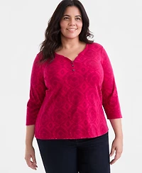 Style & Co Plus Size Printed 3/4-Sleeve Henley Top, Exclusively at Macy's