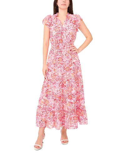 Sam & Jess Petite Printed V-Neck Smocked-Waist Maxi Dress