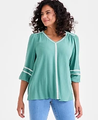 Style & Co Petite Textured Blanket-Stitched Top, Exclusively at Macy's
