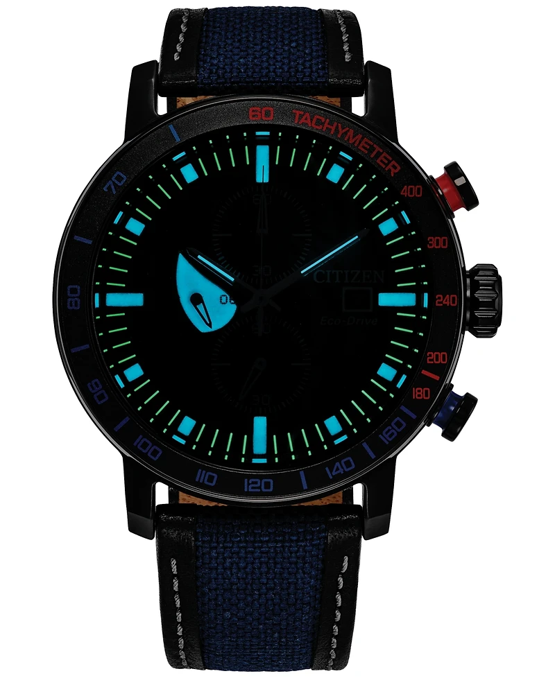 Citizen Eco-Drive Men's Chronograph Marvel Spider-Man Double Vision Blue Nylon Leather Strap Watch 44mm