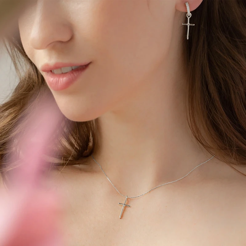 Sterling Silver Ariel Cross Necklace & Mismatching Cross Earrings Set